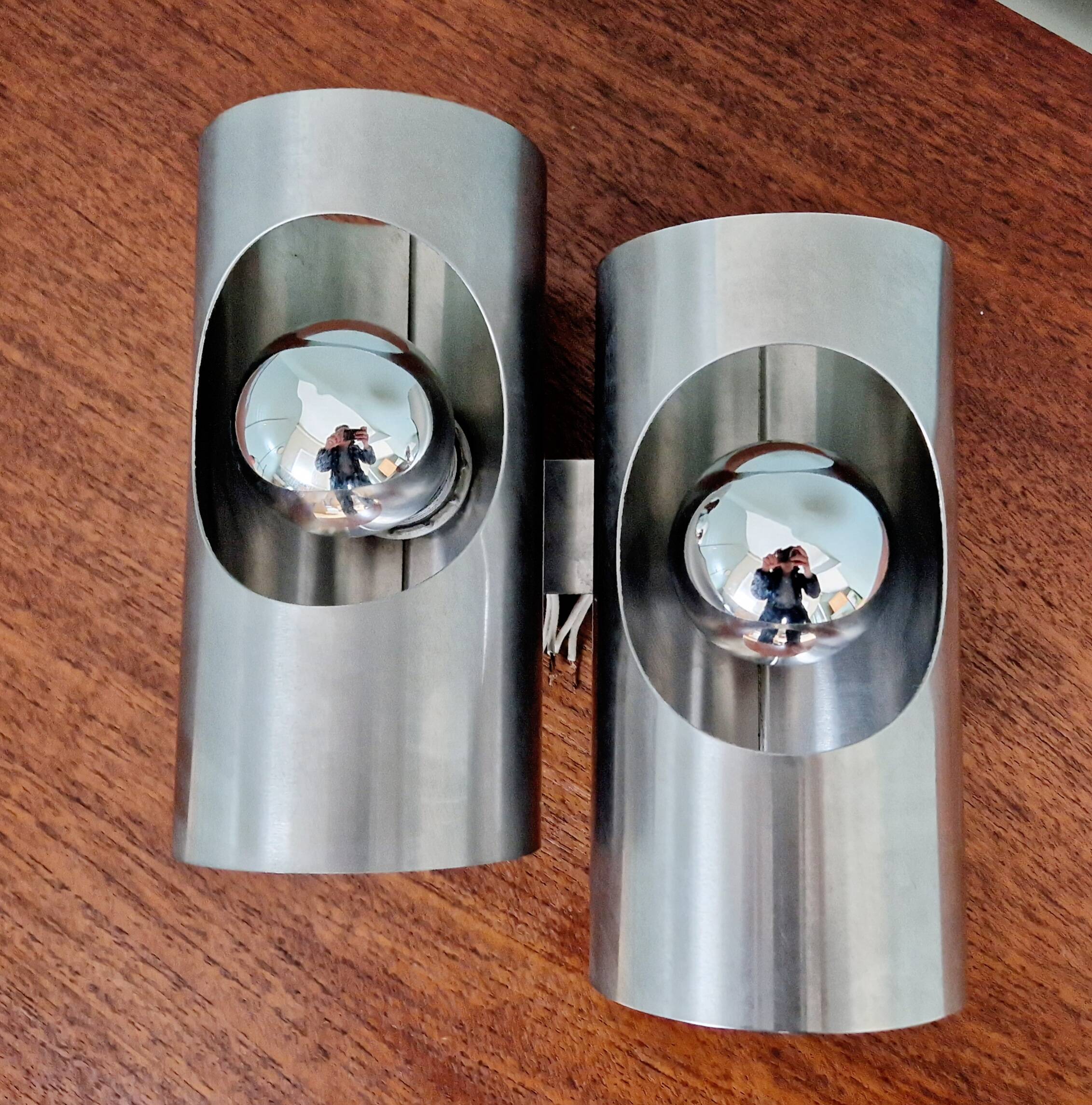 Space Age double wall lamp, in brushed aluminum, 1970s