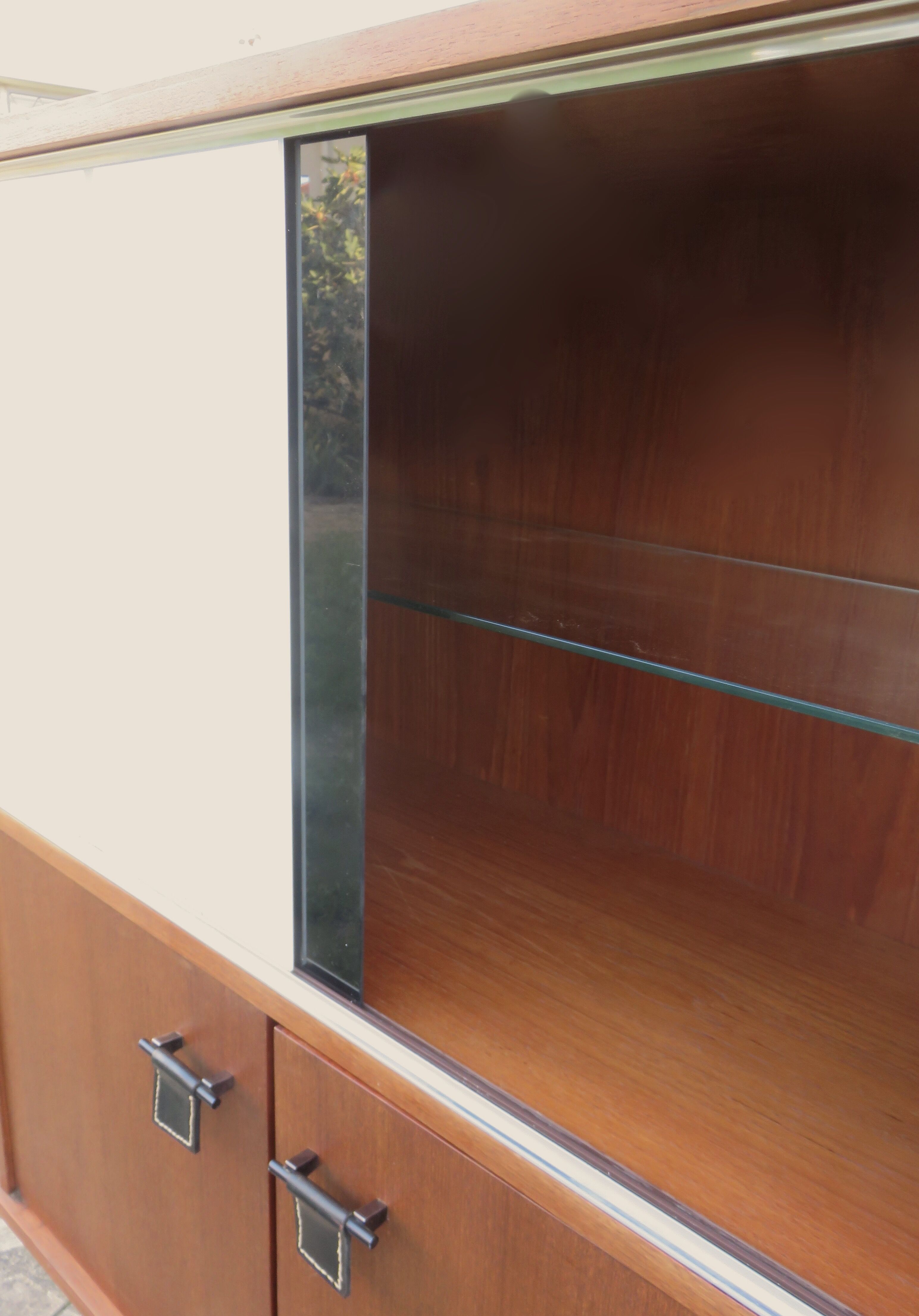 Vintage sideboard with black and white glass doors with cupboard, modernist style, France 1955