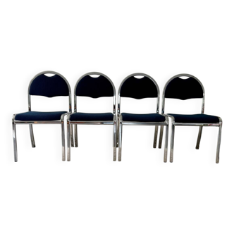 Set of 4 vintage chairs – Chrome frame & navy blue velvet
