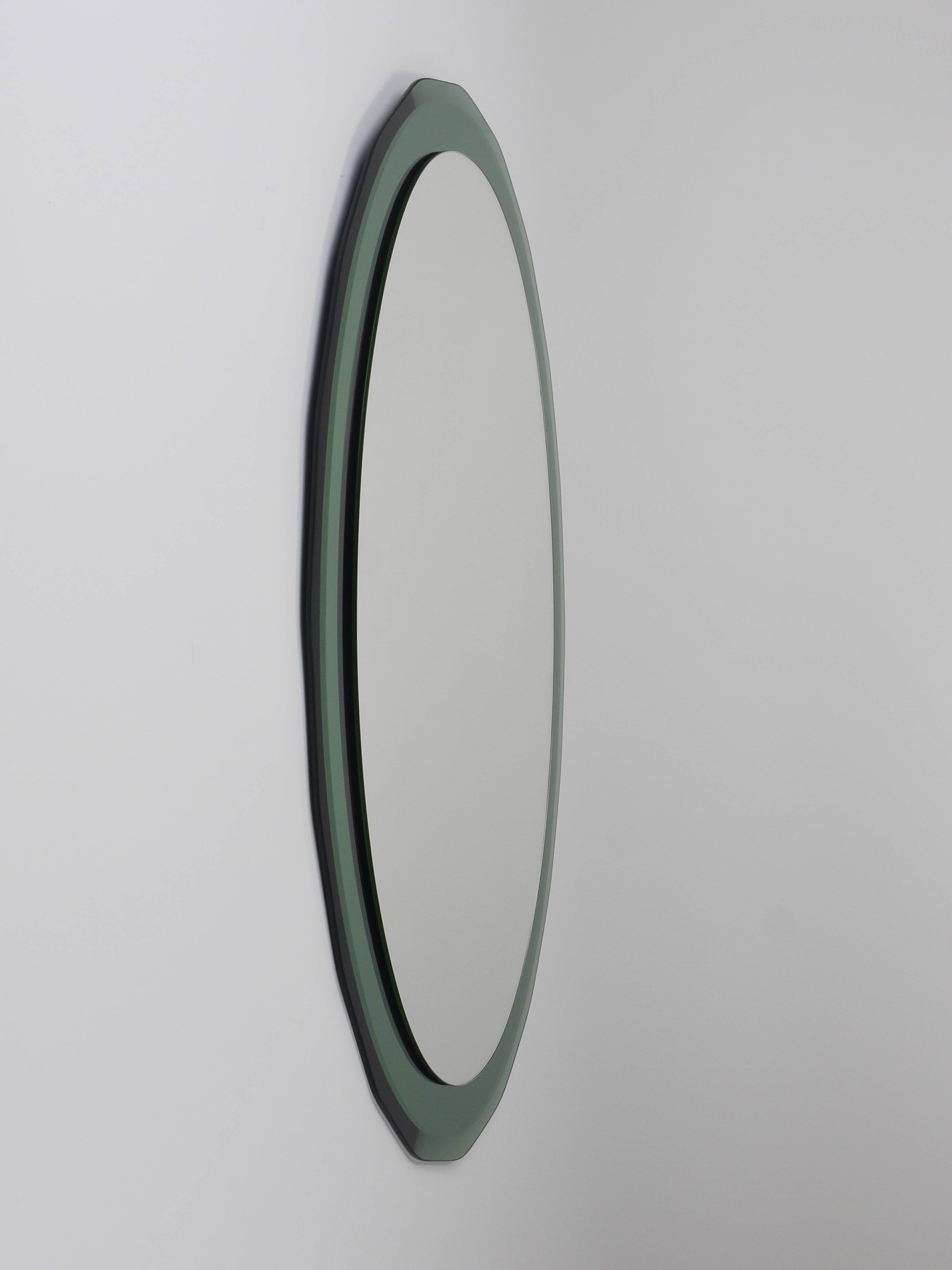 Cristal Arte Oval Green Grey Mid-Century Scalloped Wall Mirror, Italy, 1960