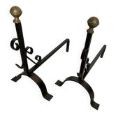 Pair of Fireplace Andirons Wrought Iron Scrolls + Ball Heads Brass Vintage