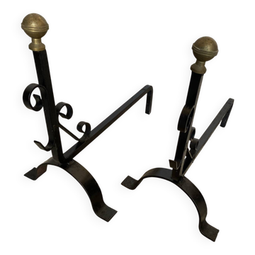 Pair of Fireplace Andirons Wrought Iron Scrolls + Ball Heads Brass Vintage