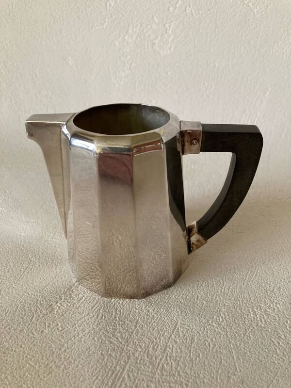 Ensemble Art Déco Verseuses à Café et à Thé + Pot à Lait Métal Argentés et Bakélite