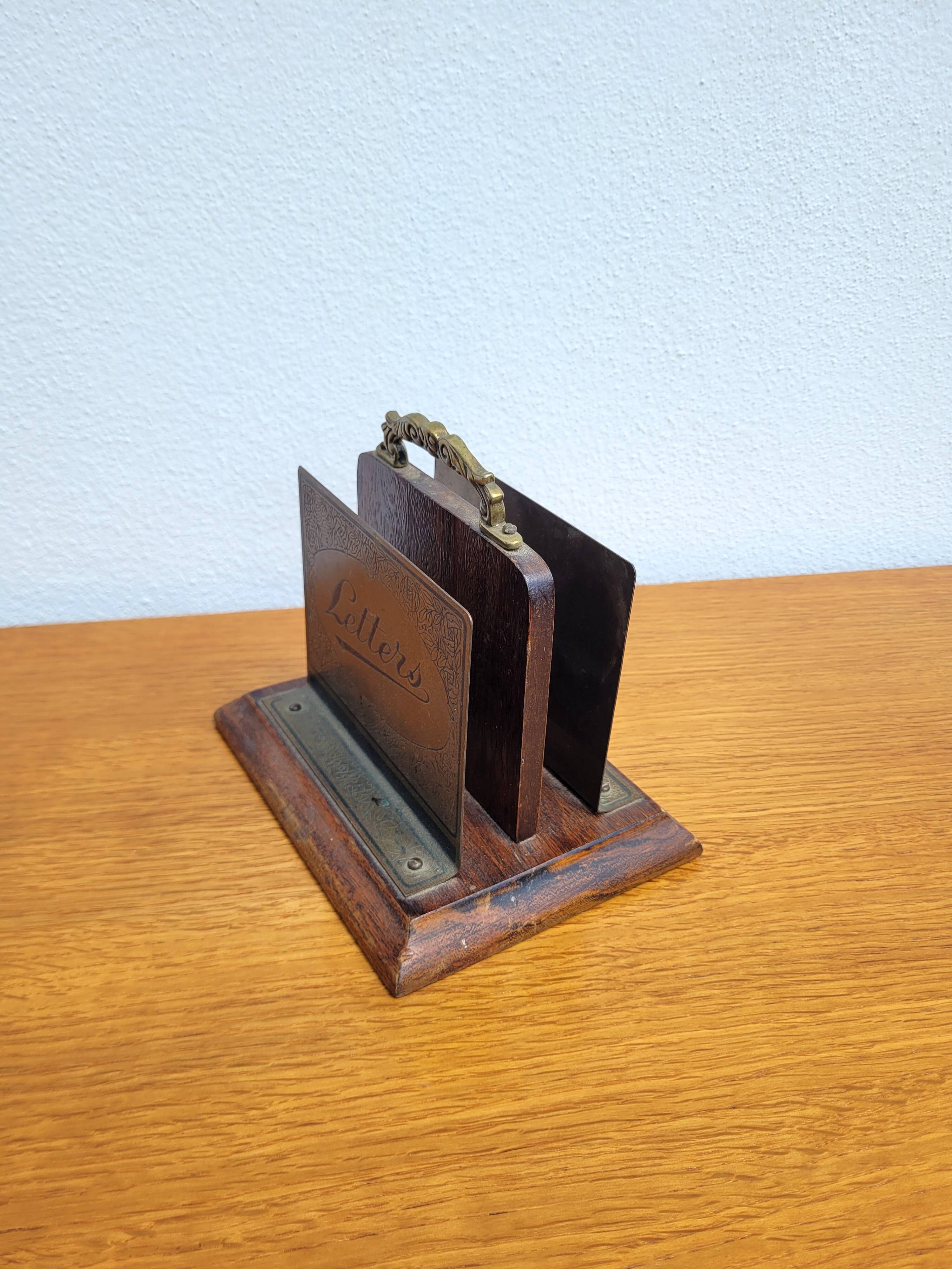 Vintage letter holder in wood and brass