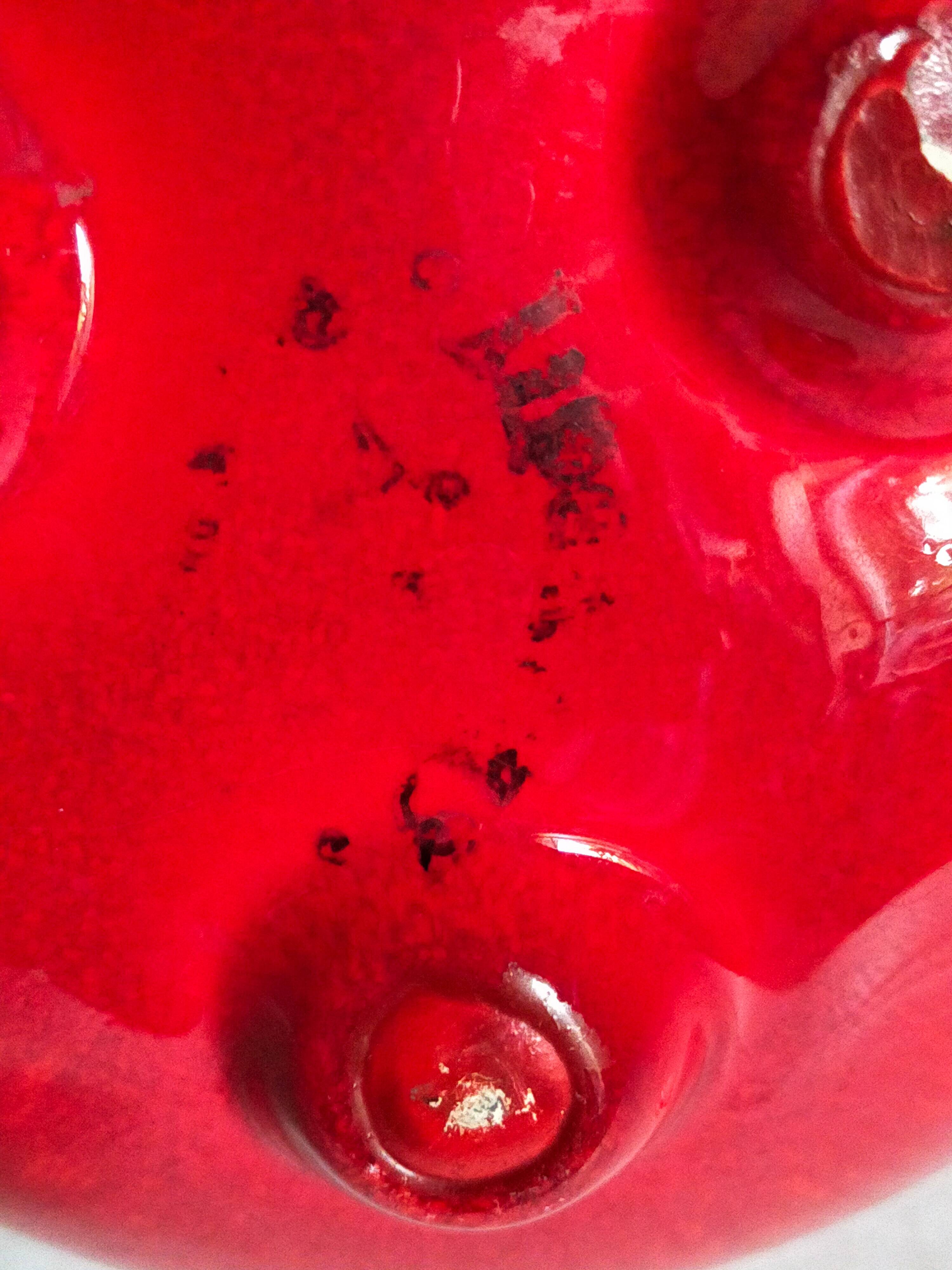 Vintage bright red enamel ceramic tripod vase