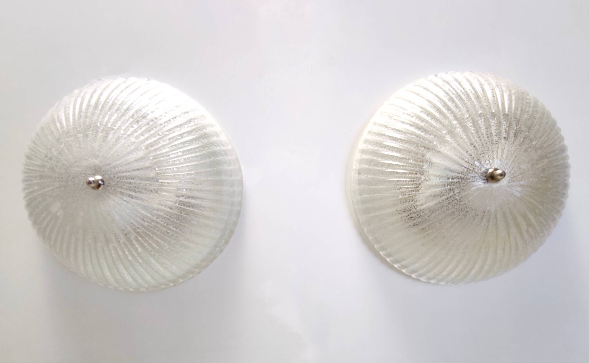 Pair of Round Murano Glass Ceiling Lights or Sconces, Italy