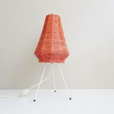 Table lamp with raffia shade on a tripod frame, mid-century lighting