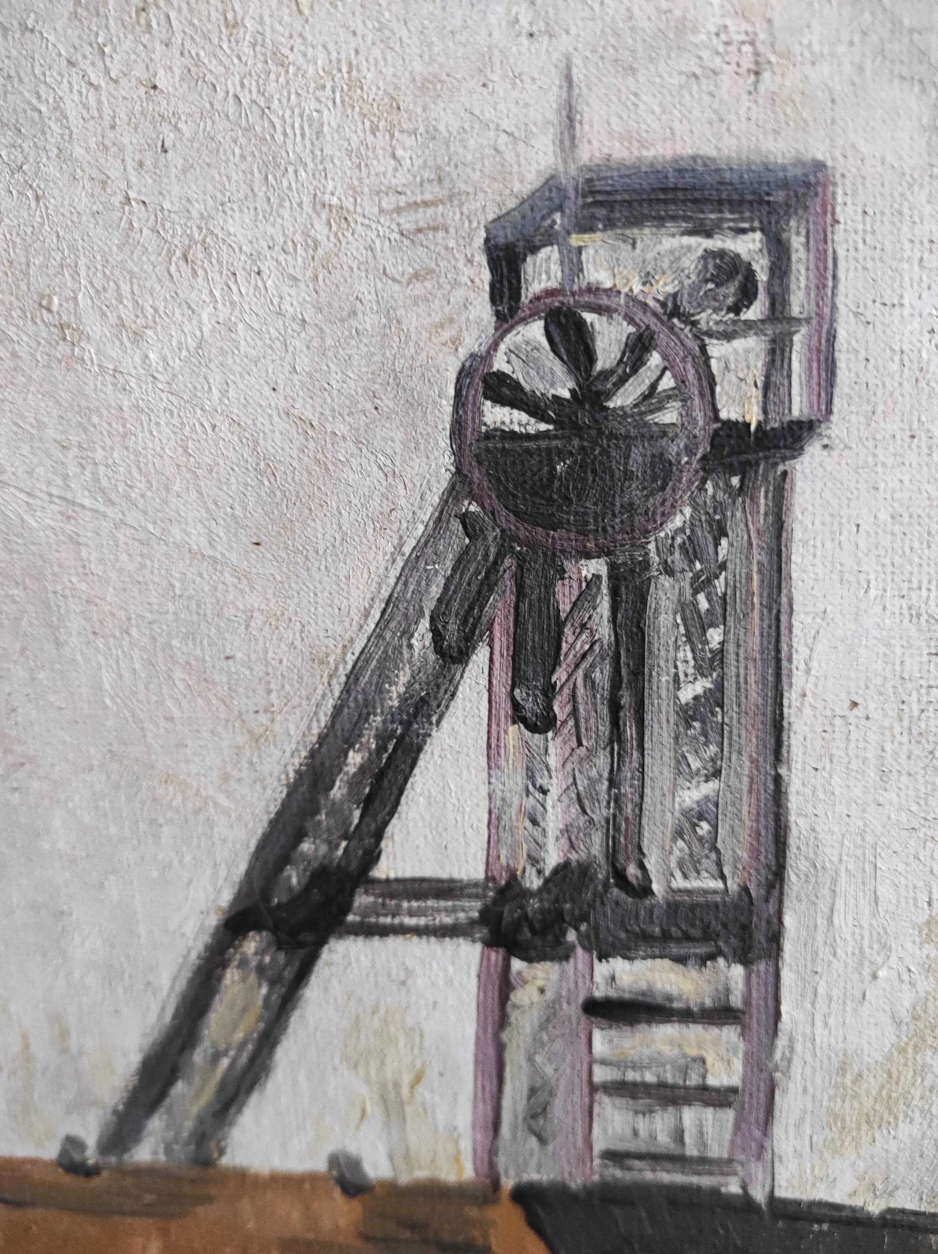 French vintage oil painting on canvas of a mine, signed M. L. Bertin Eustache