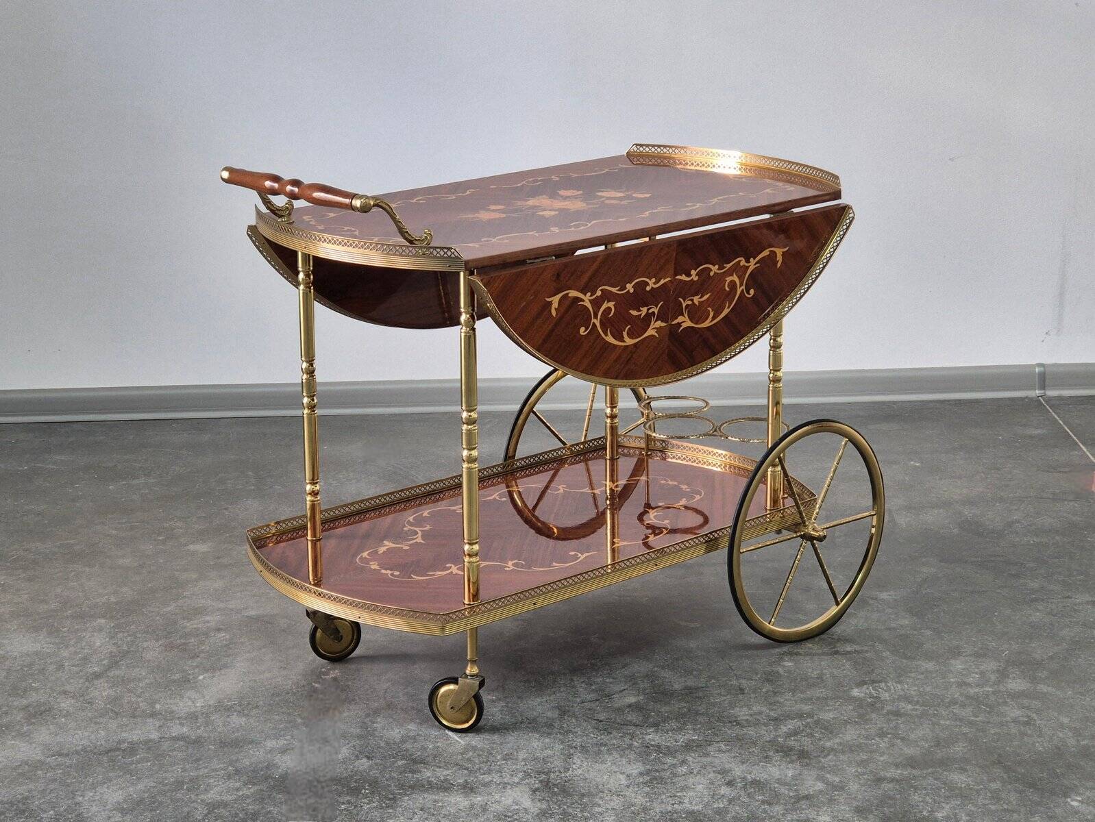 1970s drinks bar cart with side flaps in marquetry