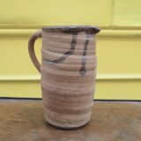Vintage Brutalist Pitcher Pot in Ochre Brown Stoneware Handmade Signed Carafe