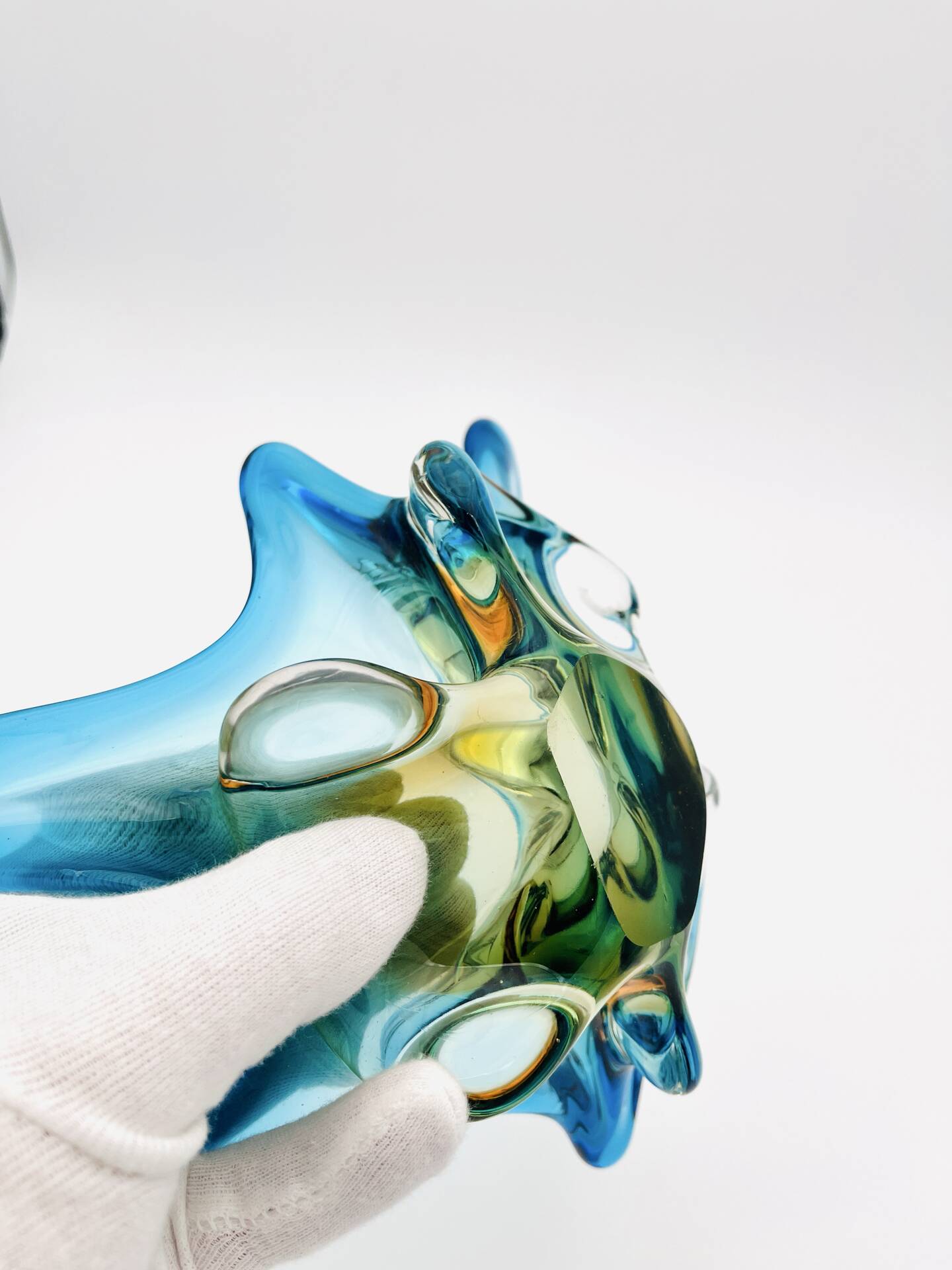 Murano Sommerso Blue Amber Sculpture Bowl 23cm
