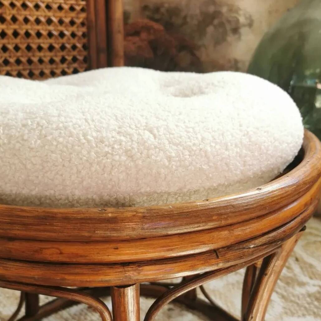 Vintage 70s rattan pouf stool with terry cushion
