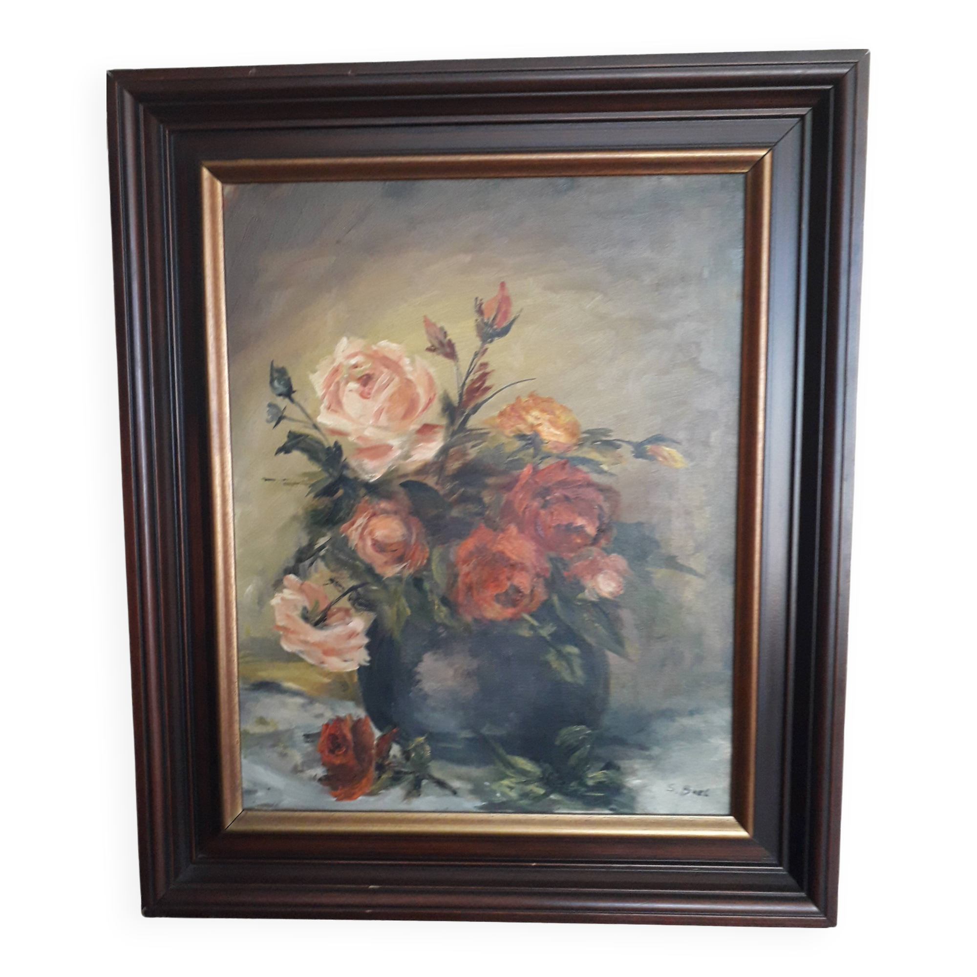 Antique oil painting depicting a bouquet of roses