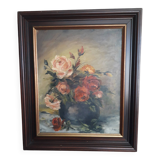 Tableau ancien à l'huile représentant un bouquet de roses