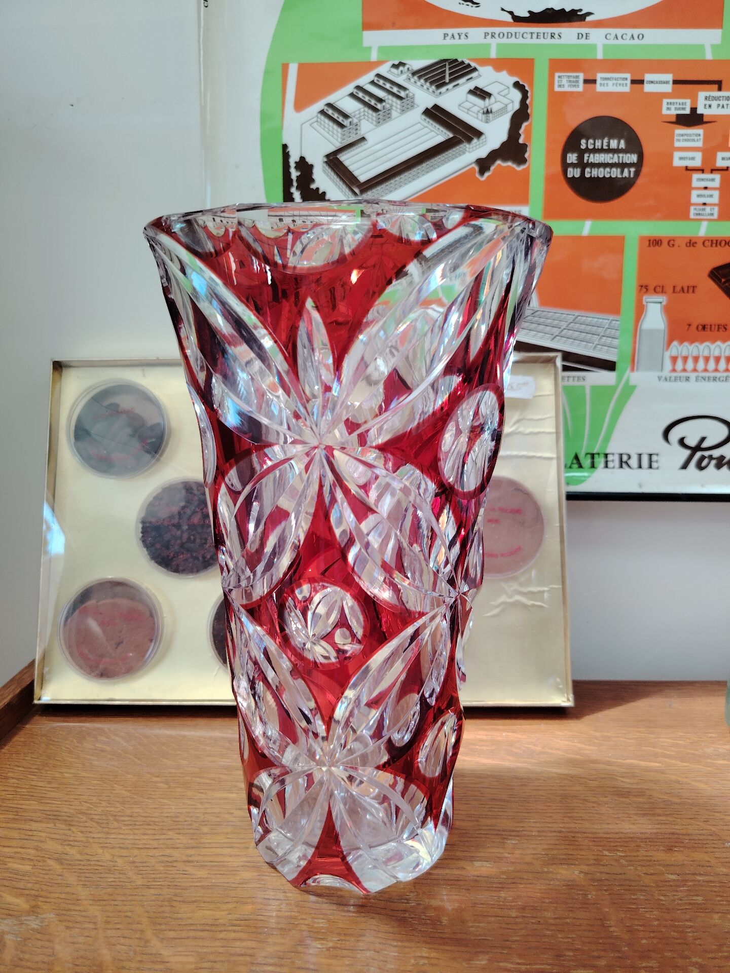 Large ruby red cut crystal vase, handmade, 1960.