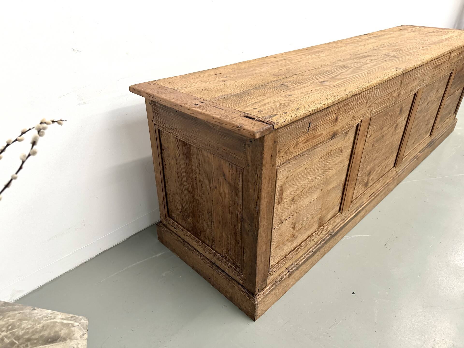 Very large pine trade counter, circa 1920.