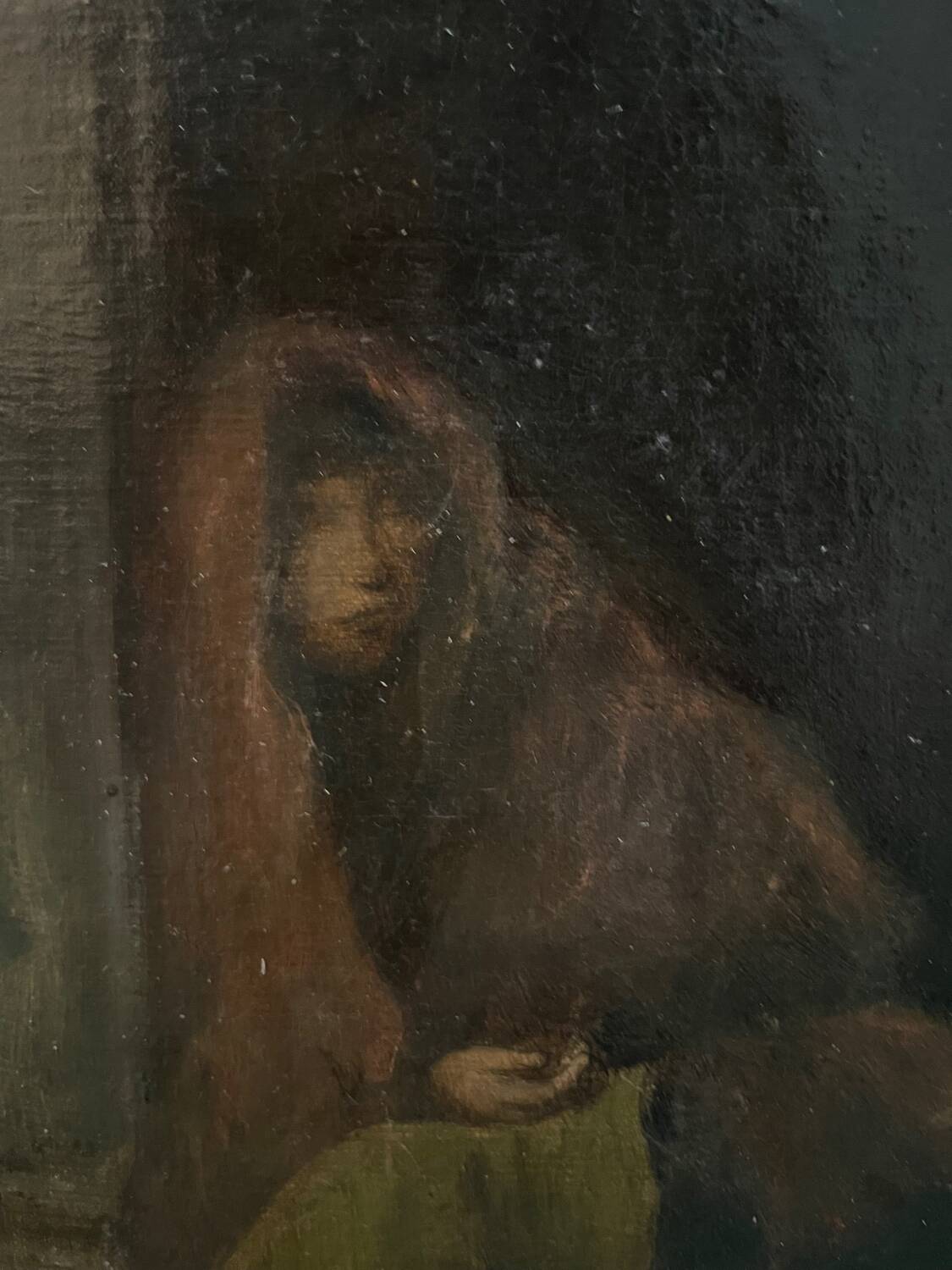 Old painting The beggar woman by G. De Saint Jean, 19th century