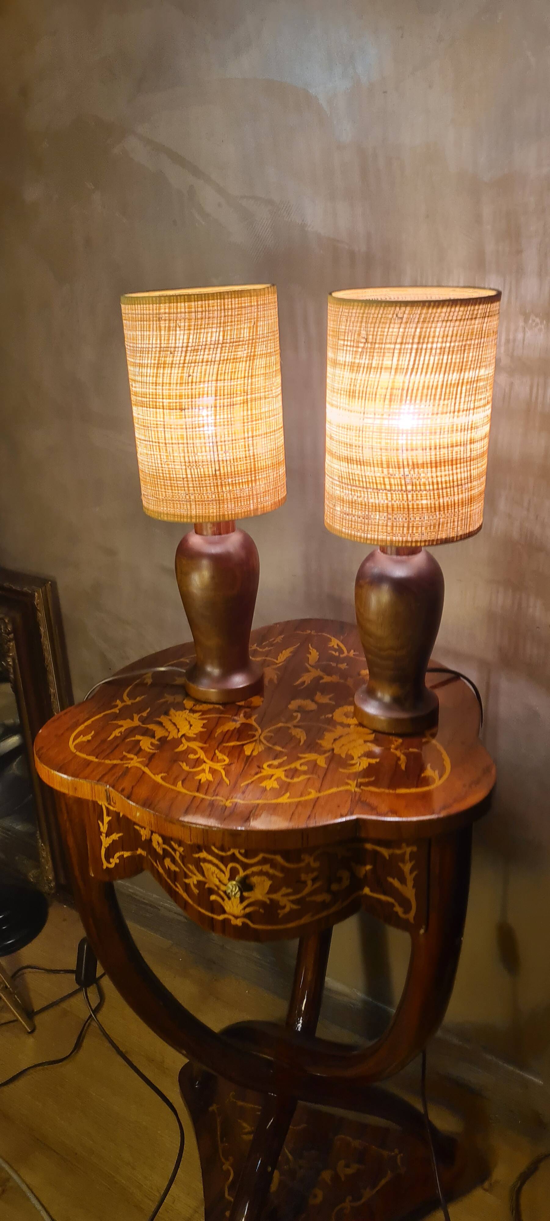 pair of Scandinavian wooden lamps with straw lampshade 41x15