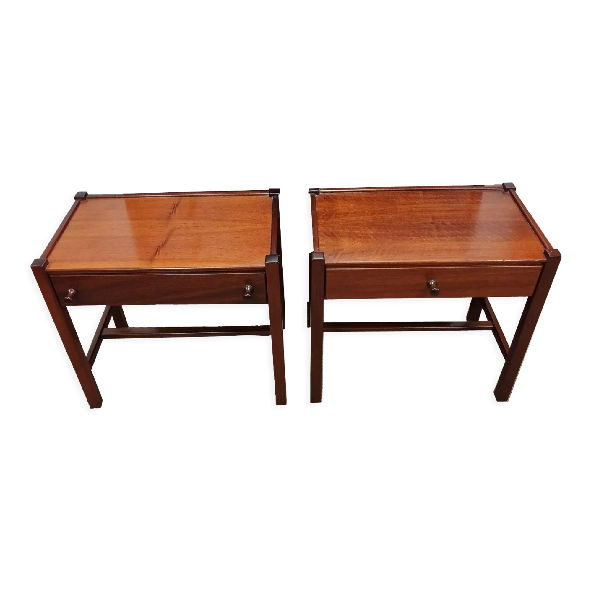 Pair of solid walnut bedside tables, design by Jacques Hauville for Roche-Bobois, 1960