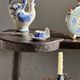 Vintage hand-held candlestick in blue glazed stoneware with floral decoration by Poterie Millian.