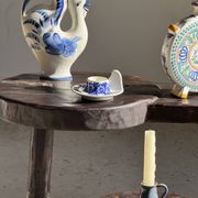 Vintage hand-held candlestick in blue glazed stoneware with floral decoration by Poterie Millian.