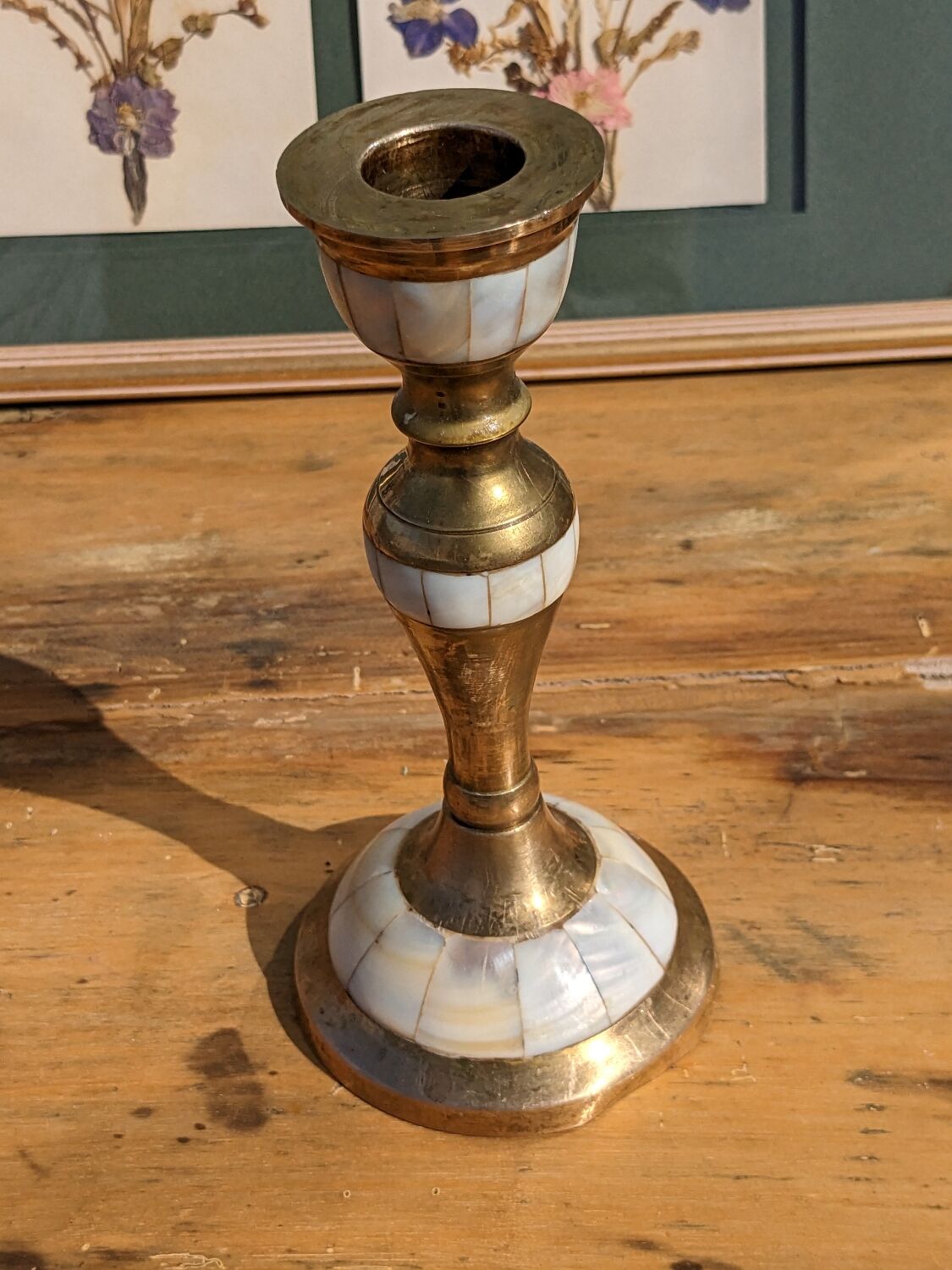 Brass and mother-of-pearl candle holder