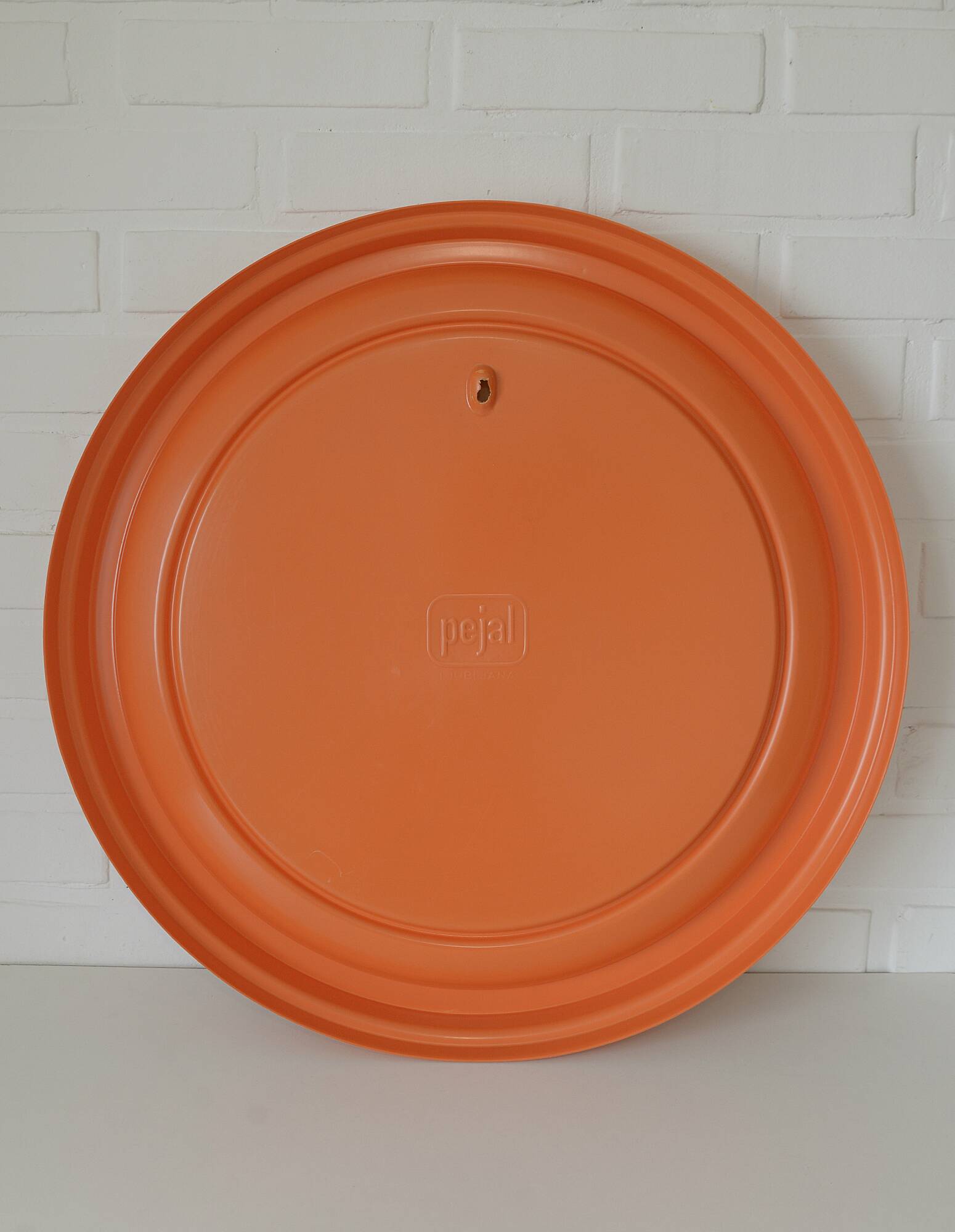 Orange vintage round wall plastic mirror 1980s, space age vanity mirror