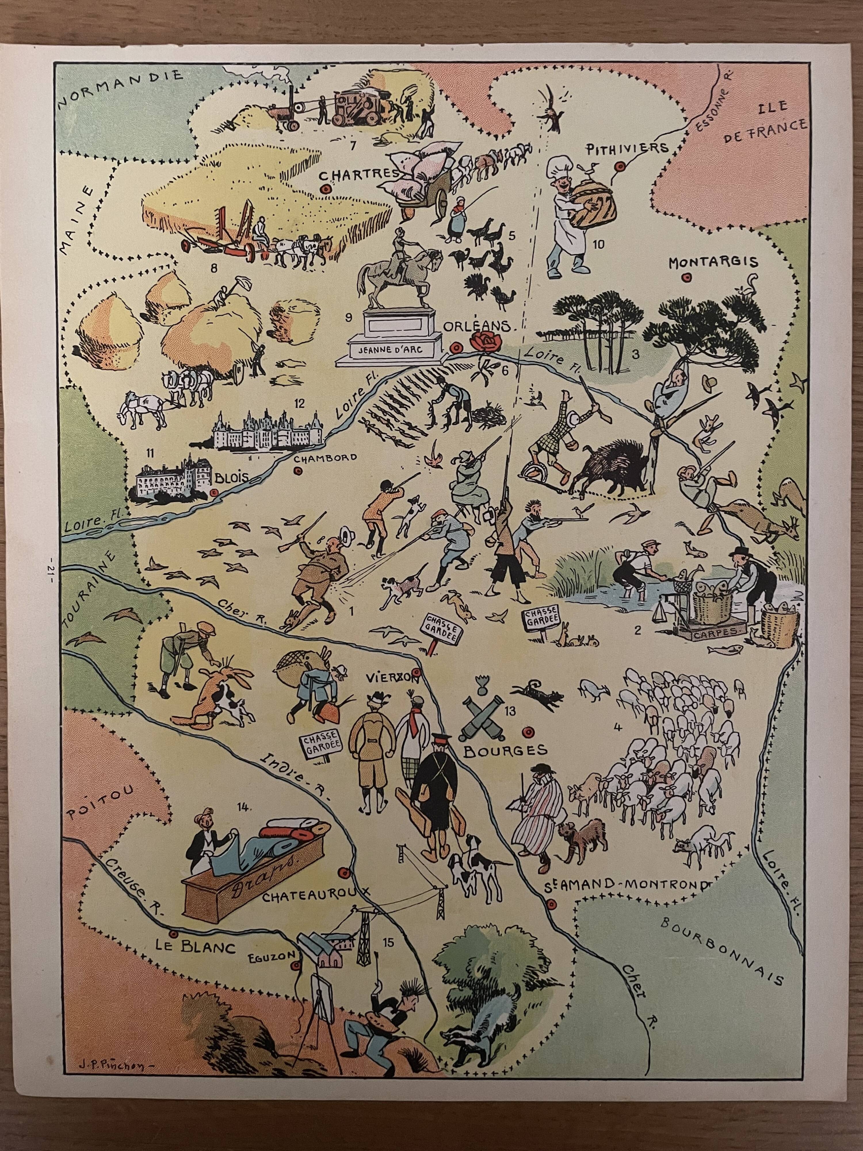 Old illustrated map of Orleans Berry - JP Pinchon