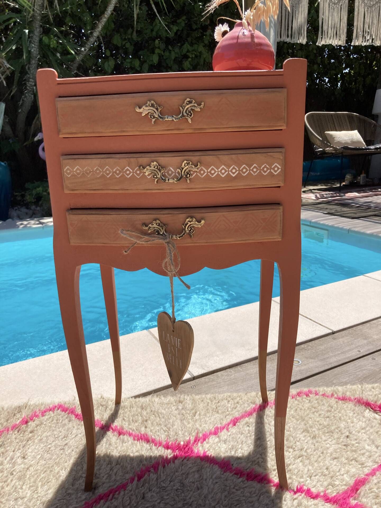 Pair of revamped bohemian / berber bedside tables with the heart "life is beautiful"