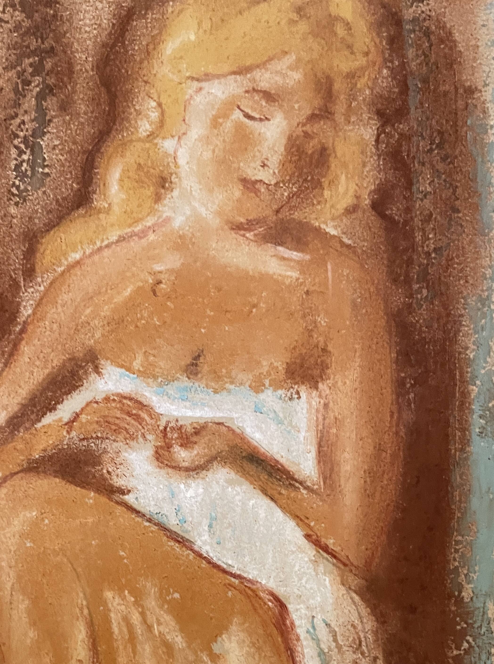 Signed pastel portrait of a woman "the manicurist"