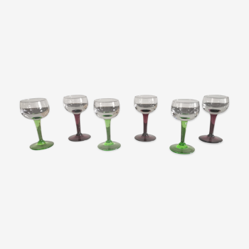 6 anciens verres à liqueur en cristal sur pieds de couleurs  des années 20/30