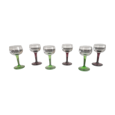 6 old crystal liquor glasses on colored feet from the 20s/30s