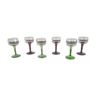 6 old crystal liquor glasses on colored feet from the 20s/30s