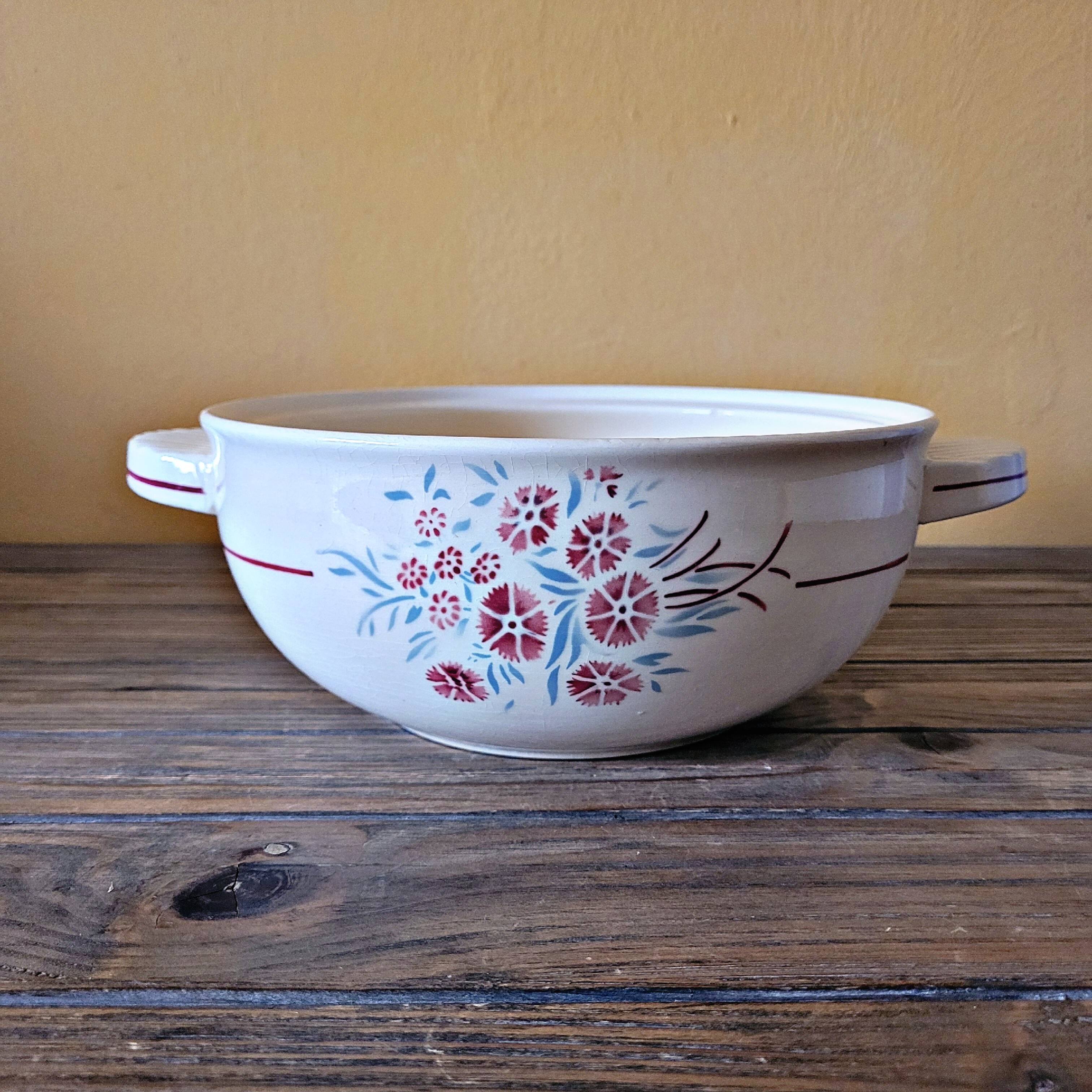 Salad bowl with handles Badonviller Francine vintage, earthenware floral decoration