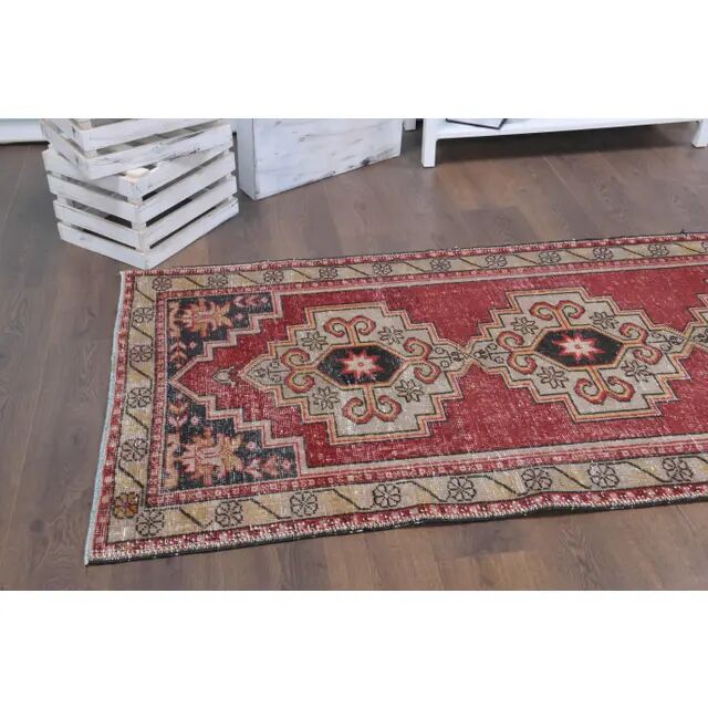 Vintage Turkish Oushak Handmade Wool Cotton Red Runner Rug   101x281