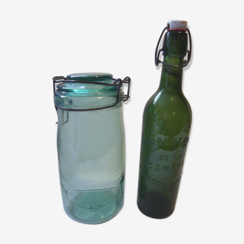 Old green jar and bottle