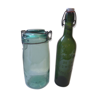 Old green jar and bottle