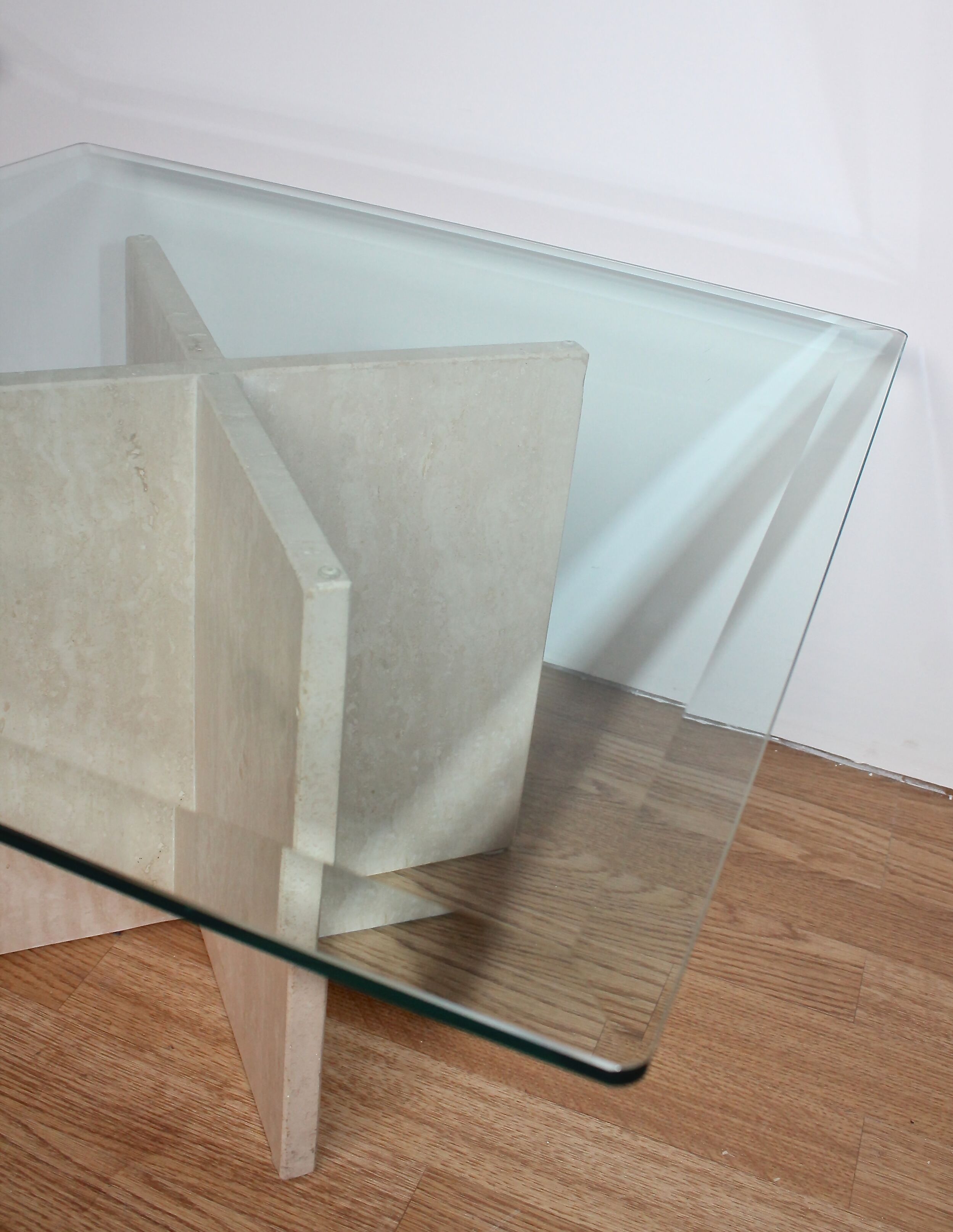 Table low vintage 70's travertine and beveled glass
