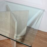Table low vintage 70's travertine and beveled glass