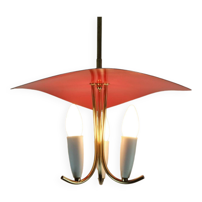 Suspension à 3 lumières en laiton, métal et plastique des années 1950, époque Stilnovo.