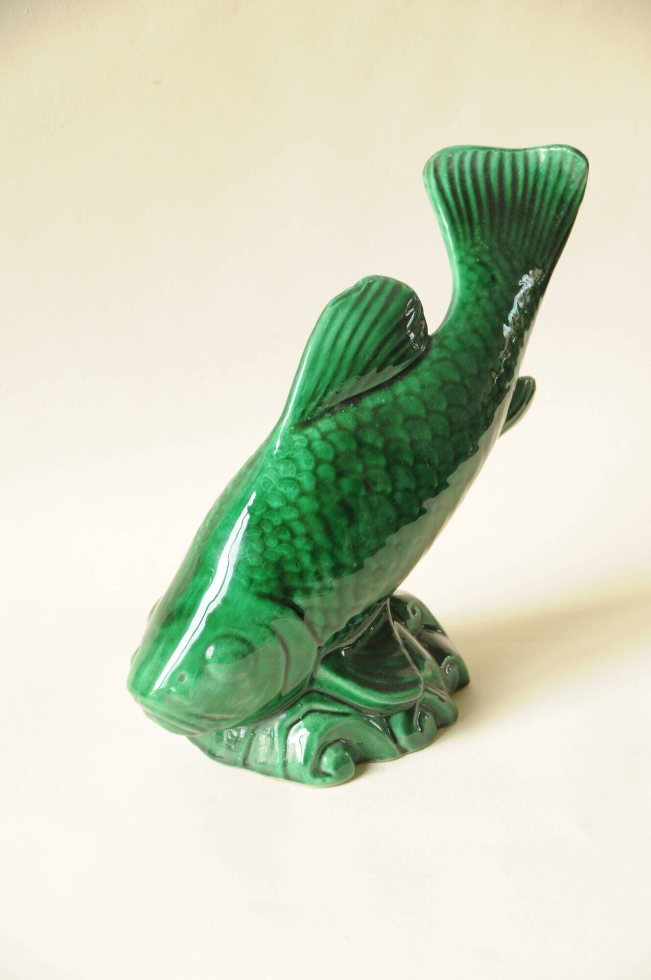 Vintage Green Decorative Fish Sculpture Art Deco Saint Clément Ceramic