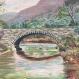 Old painting the bridge over the river