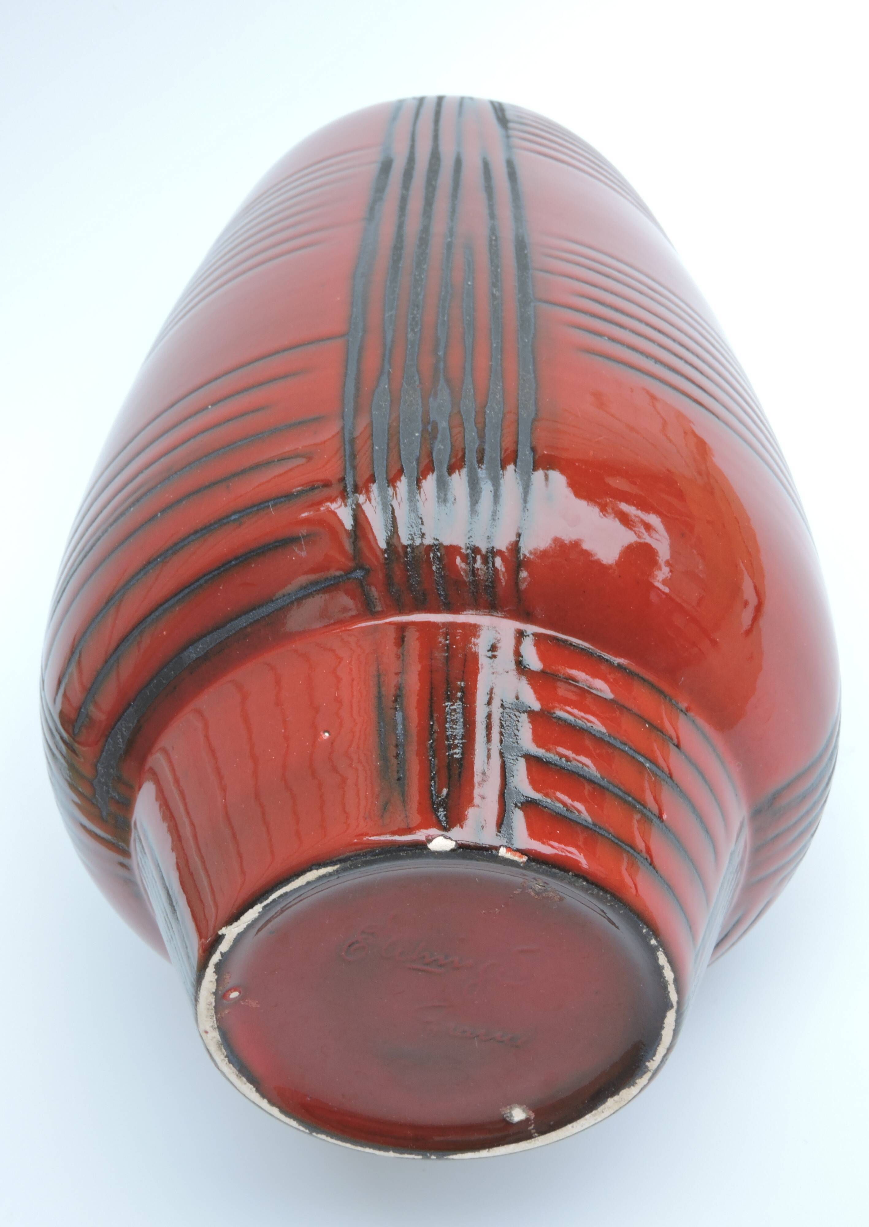 Vintage red ceramic vase scarified decoration elchinger 50' signed