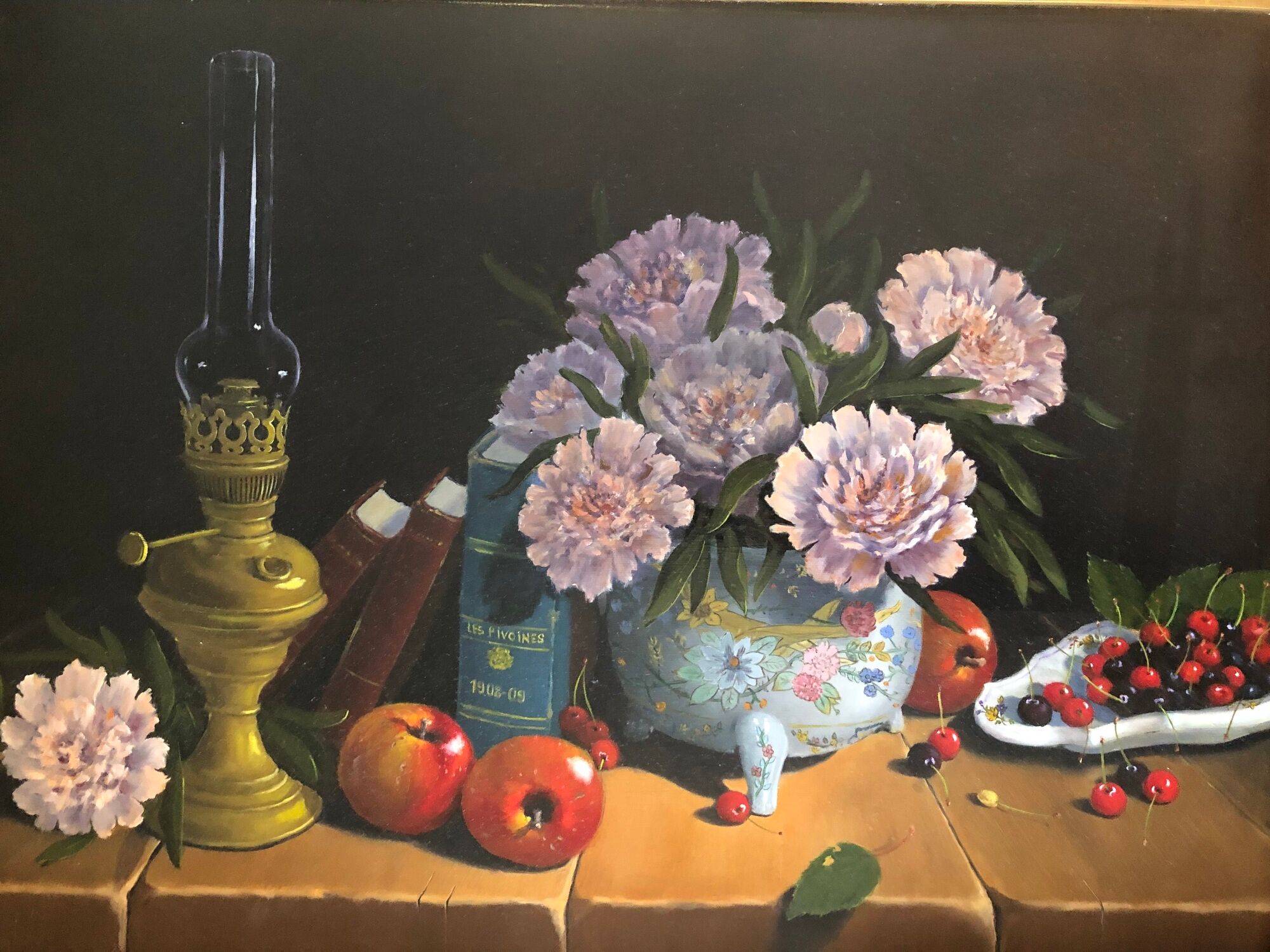 Oil on canvas, still life with flowers and fruit