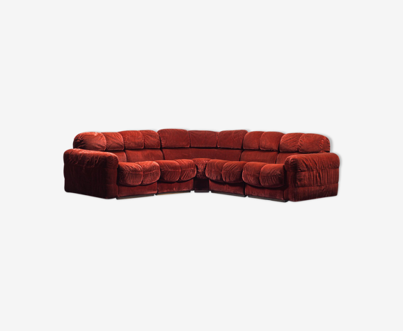 Canapé modulaire angulaire en tissu bordeaux des années 70 vintage