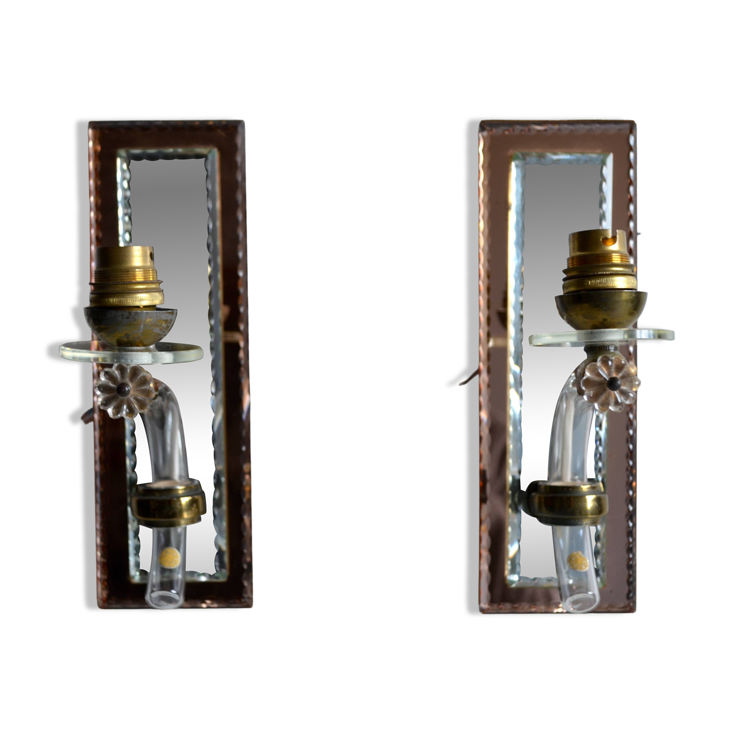 Pair of mirror and crystal wall lights from the 1940s-50s.