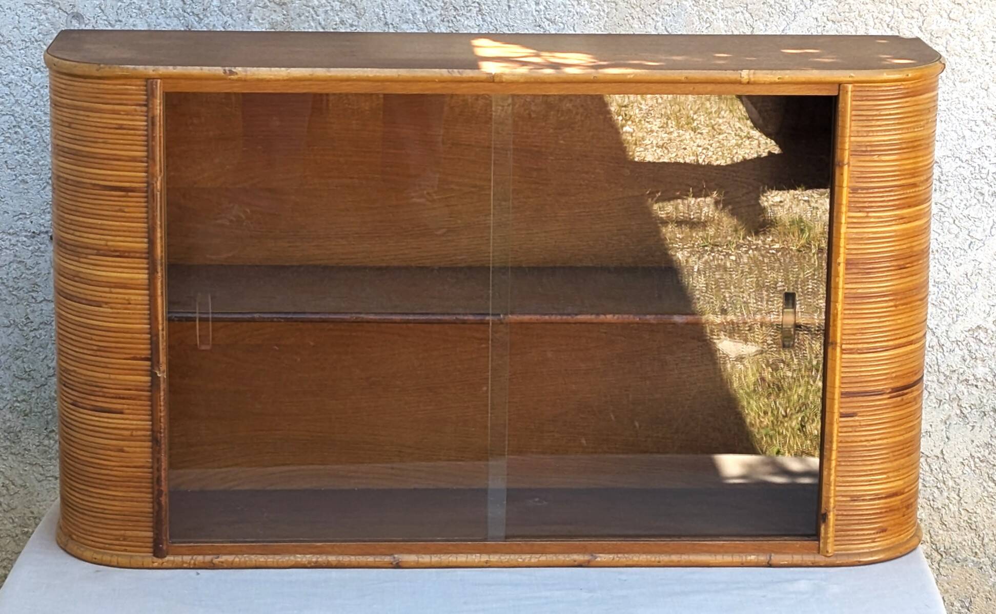 Vintage Glass Wall Shelf in Wood and Rattan, Rounded Corners
