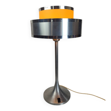 Large Space Age table lamp with a tulip base in brushed aluminium.
