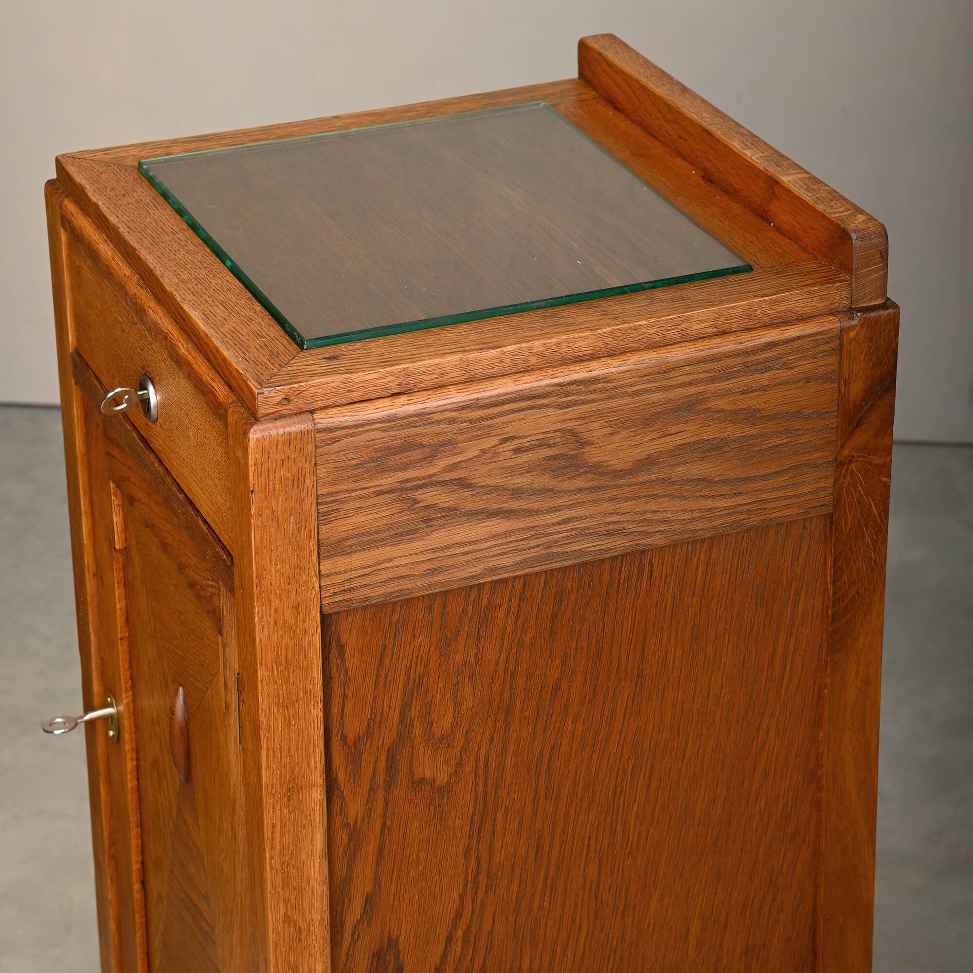Art Deco Amsterdam School Nightstands oak wood and glass, 1930s Netherlands