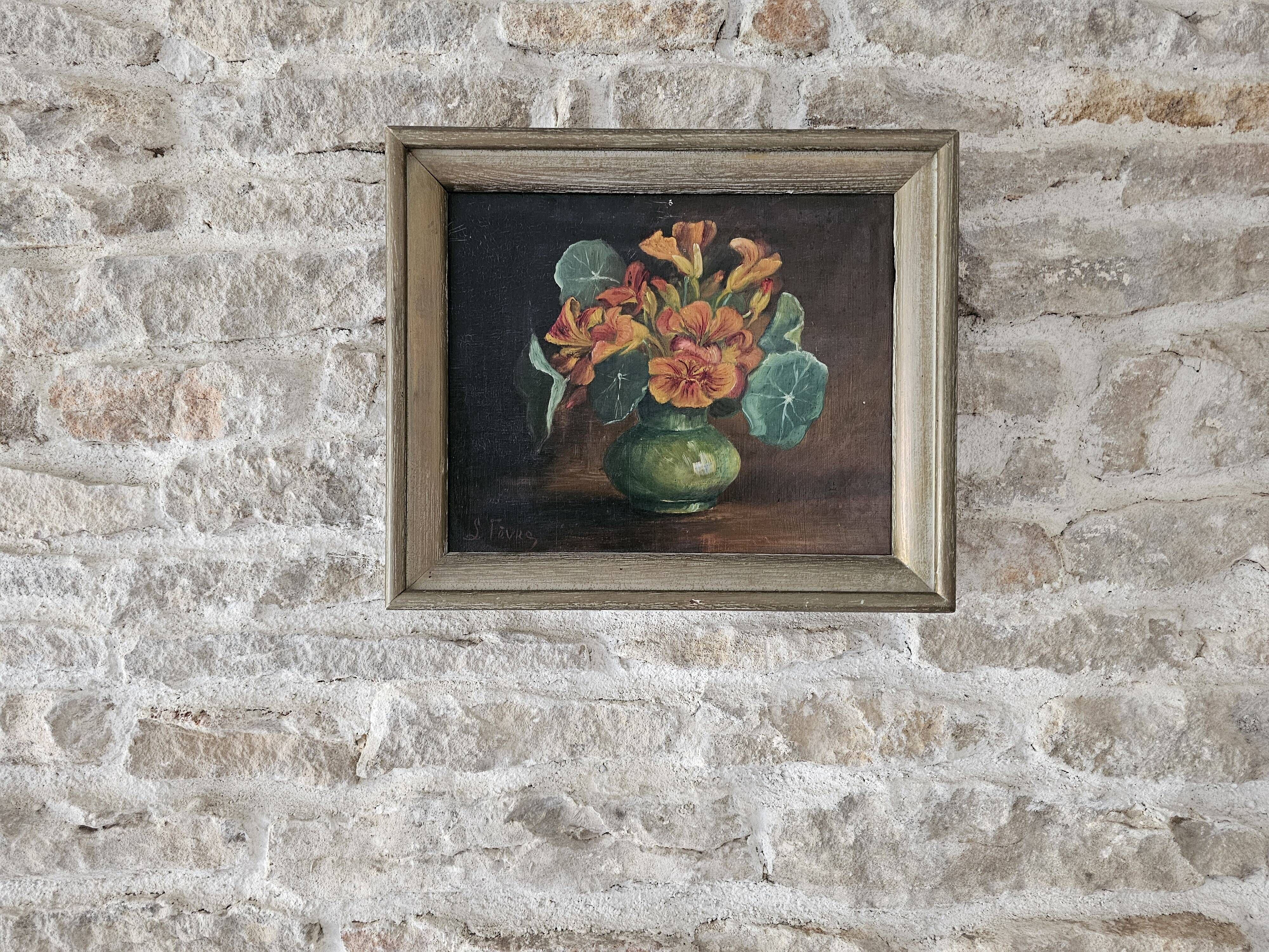Tableau Huile sur Panneau bouquet de fleurs capucines dans vase Signé L. Fè